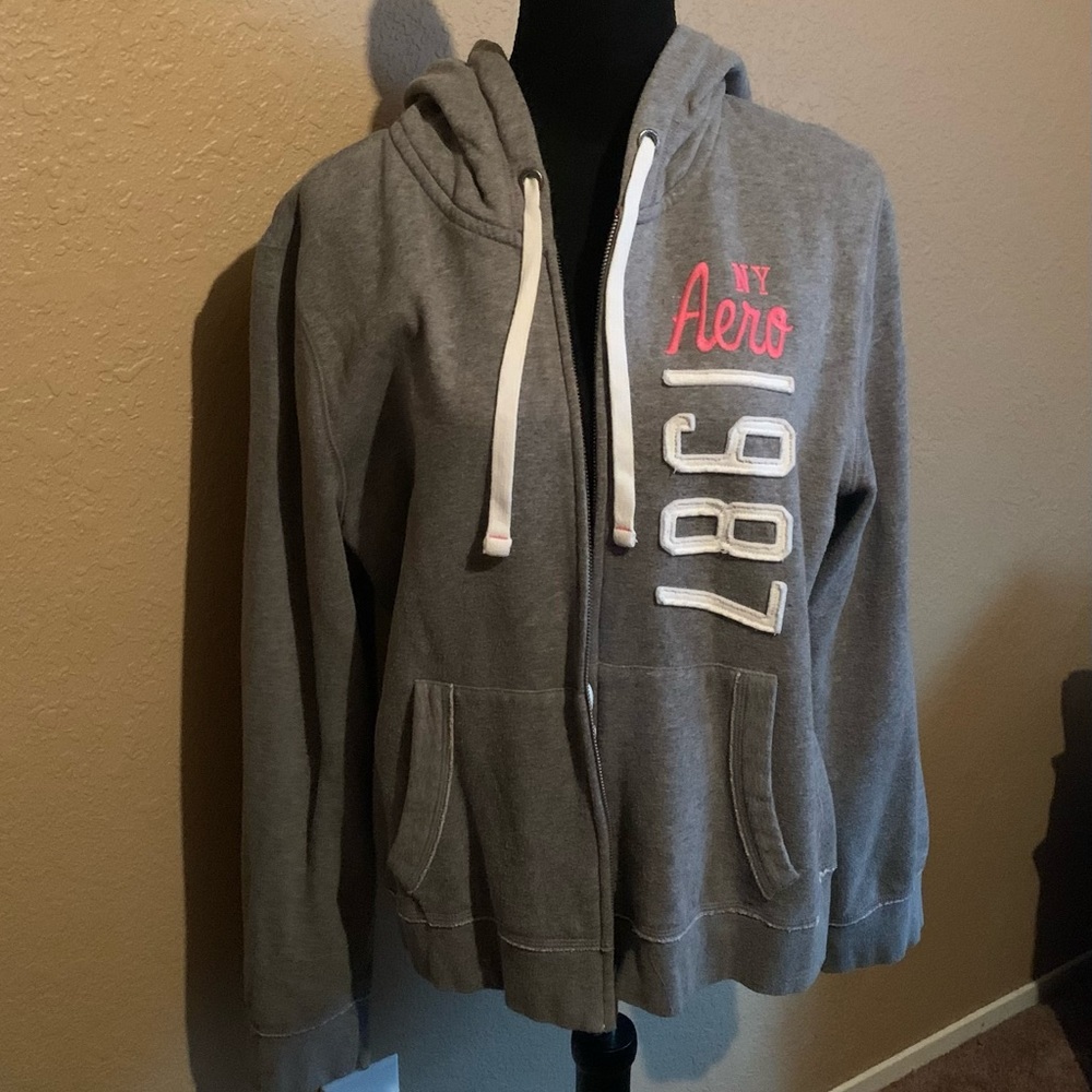 Grey Aero hooded sweatshirt with zip front.
